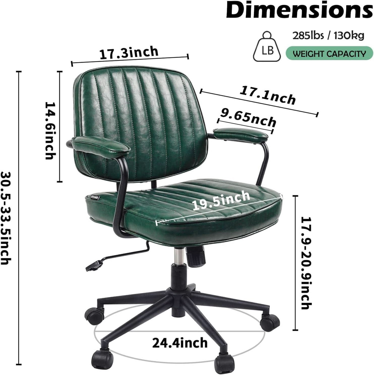 Green Leather Mid Century Office Chair With Wheels And Arms-1