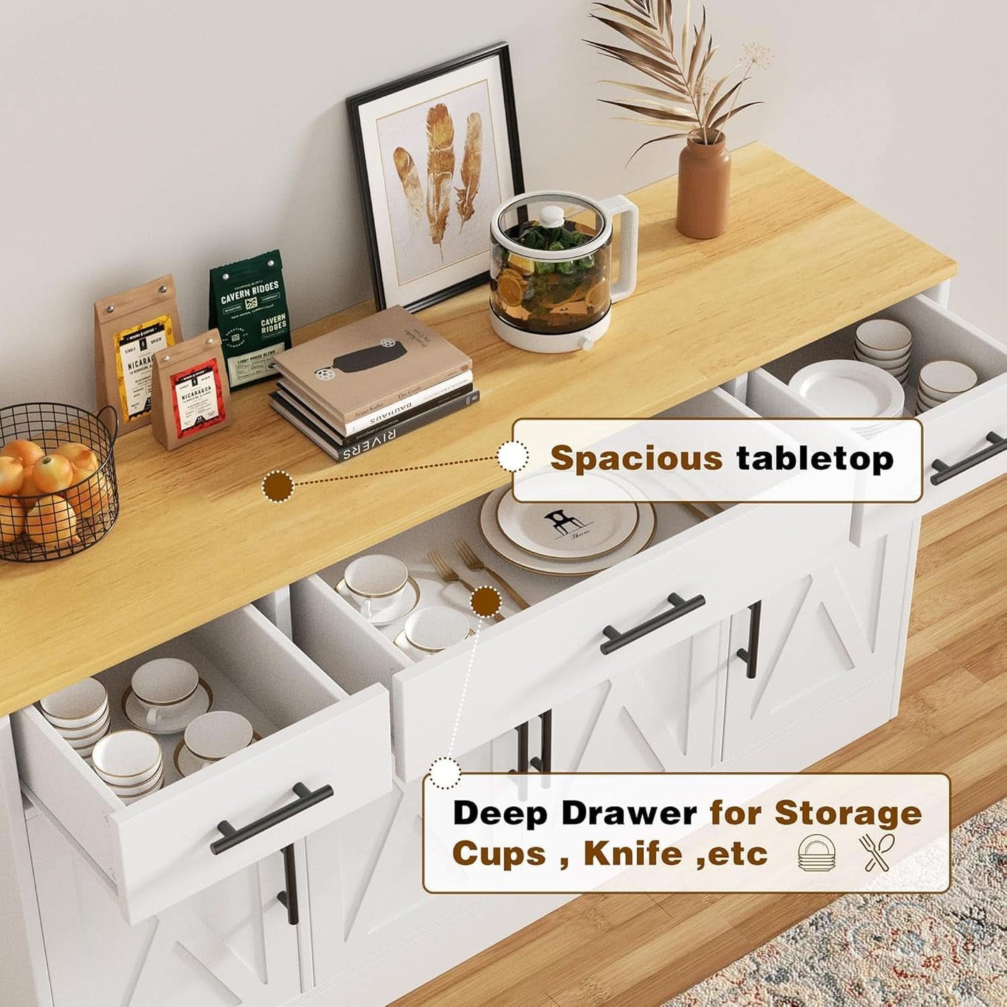53 Inch White Buffet Cabinet With Drawers For Dining Room