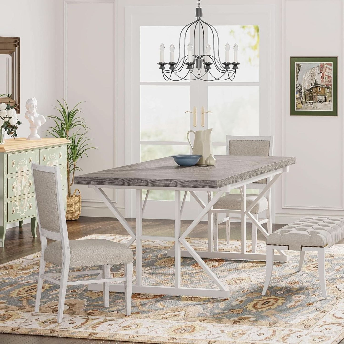 Farmhouse 6 Person Dining Table 70.8 Inch Grey Wood Table