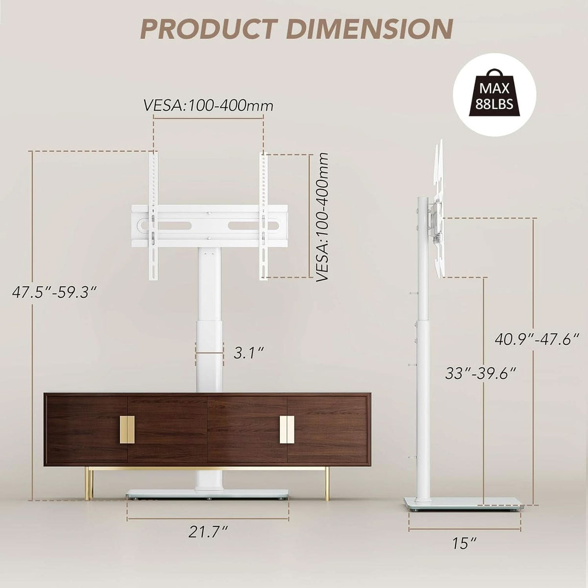 White Universal Freestanding TV Stand Seventy Degree Swivel