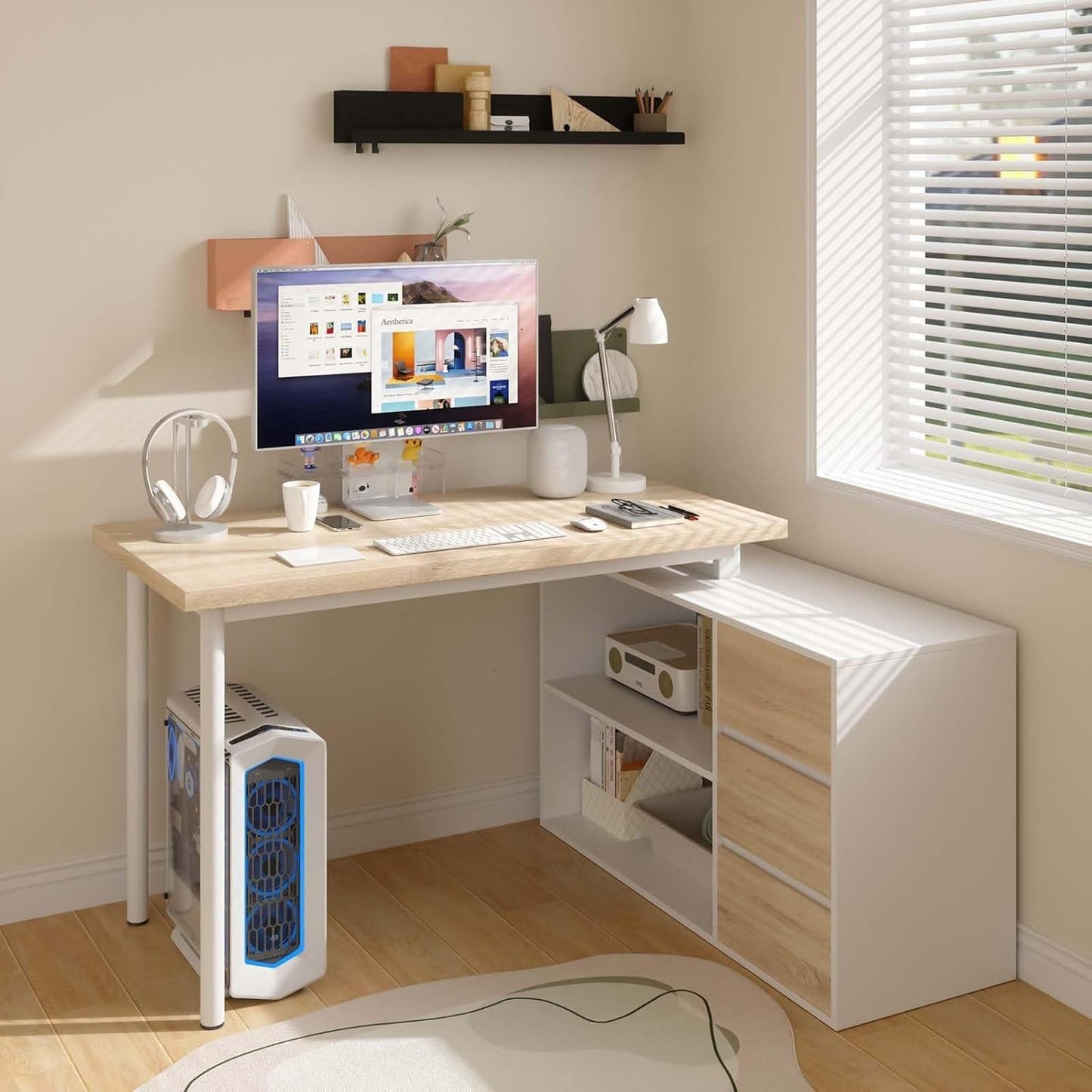 L Shaped Desk 47Inch White Walnut Home Office Storage