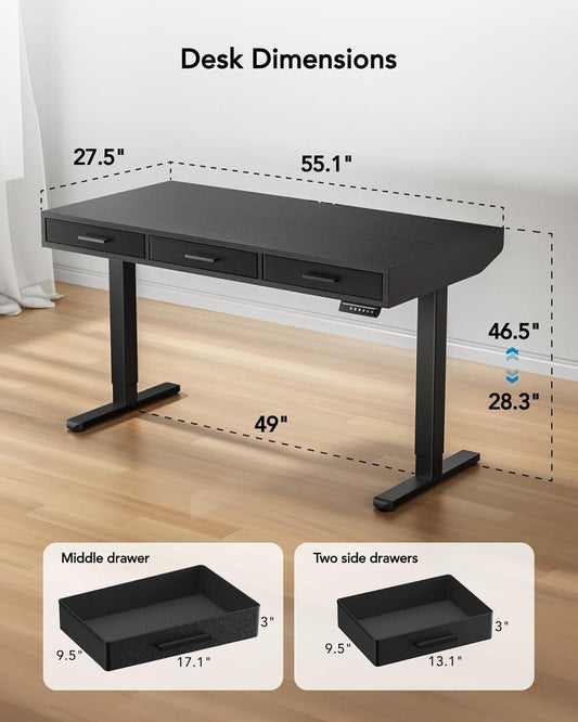 Electric Height Adjustable Desk Black 55x28 Inches
