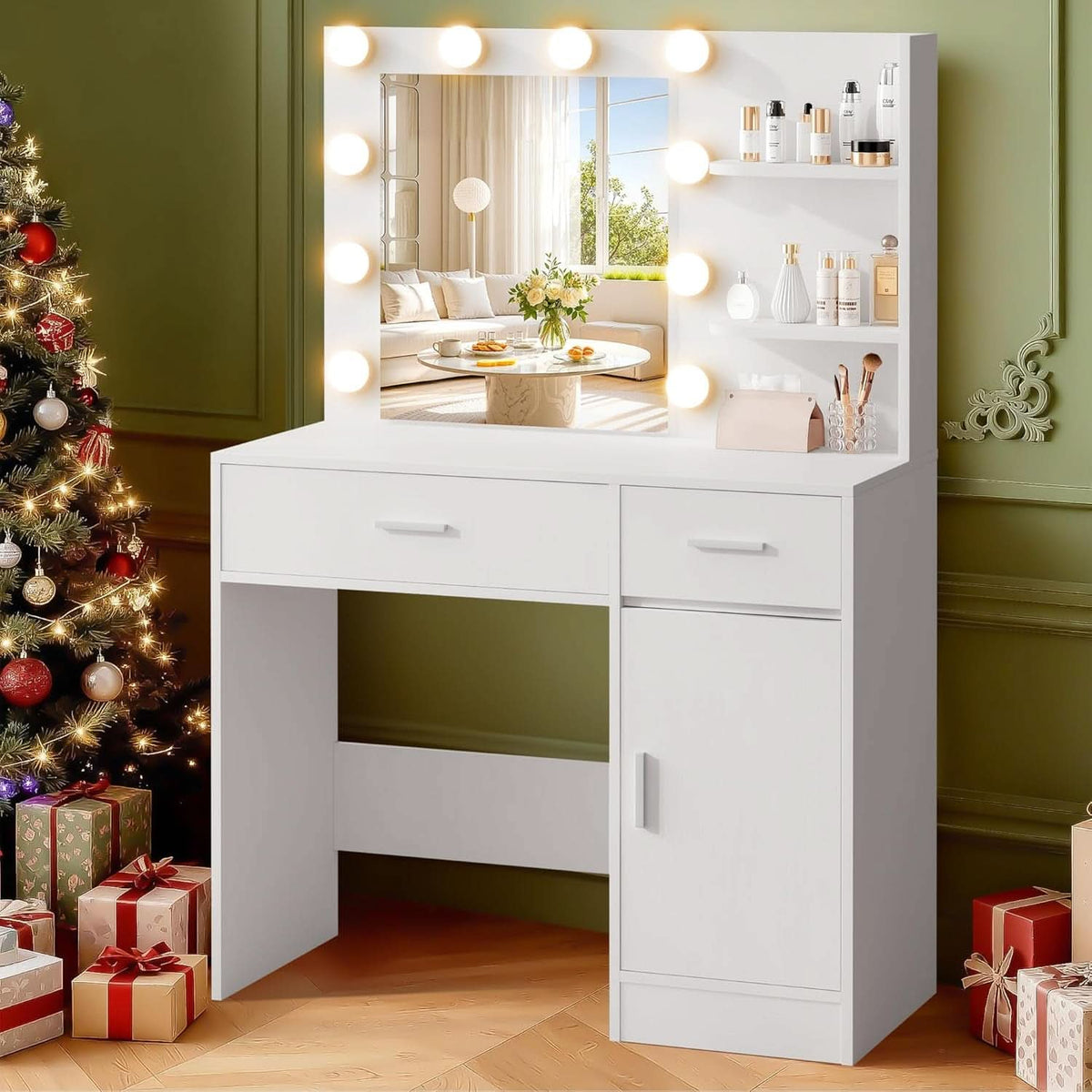 Luxurious White Vanity Desk Featuring Dimmable Mirror
