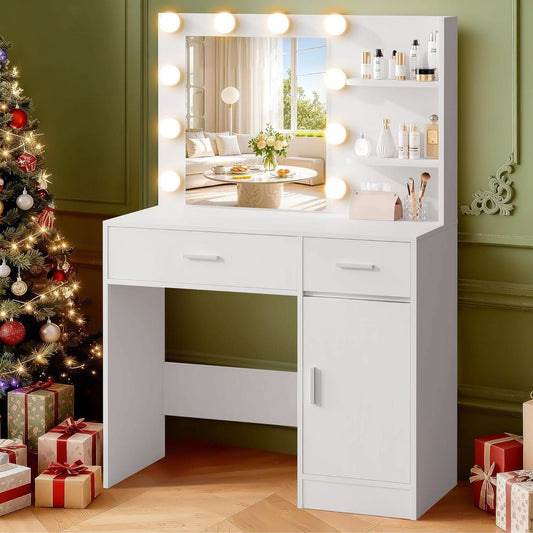 Luxurious White Vanity Desk Featuring Dimmable Mirror