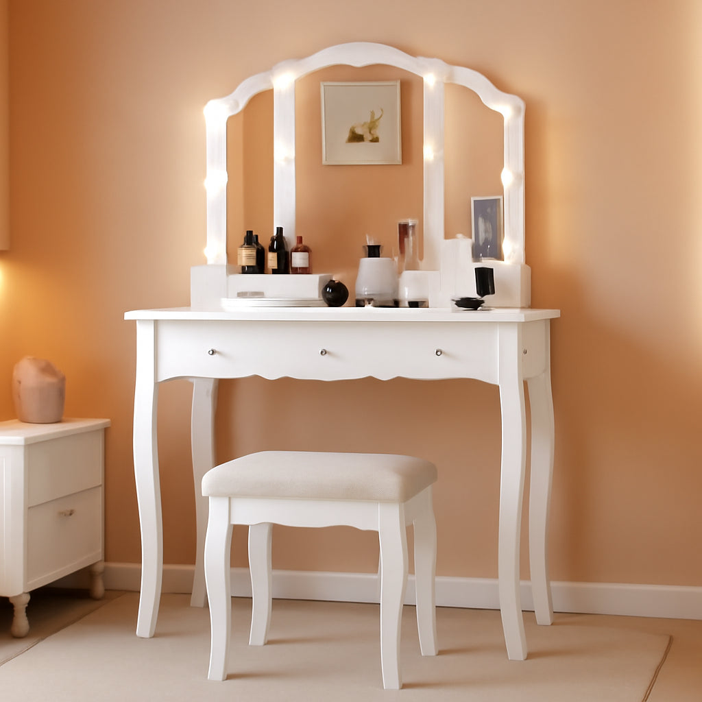 White Makeup Vanity With Dimmable Hollywood Lights