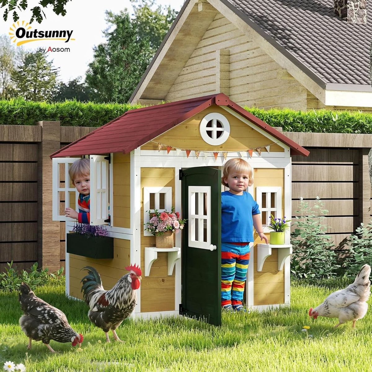 Beige Wooden Outdoor Playhouse With Expansive Windows