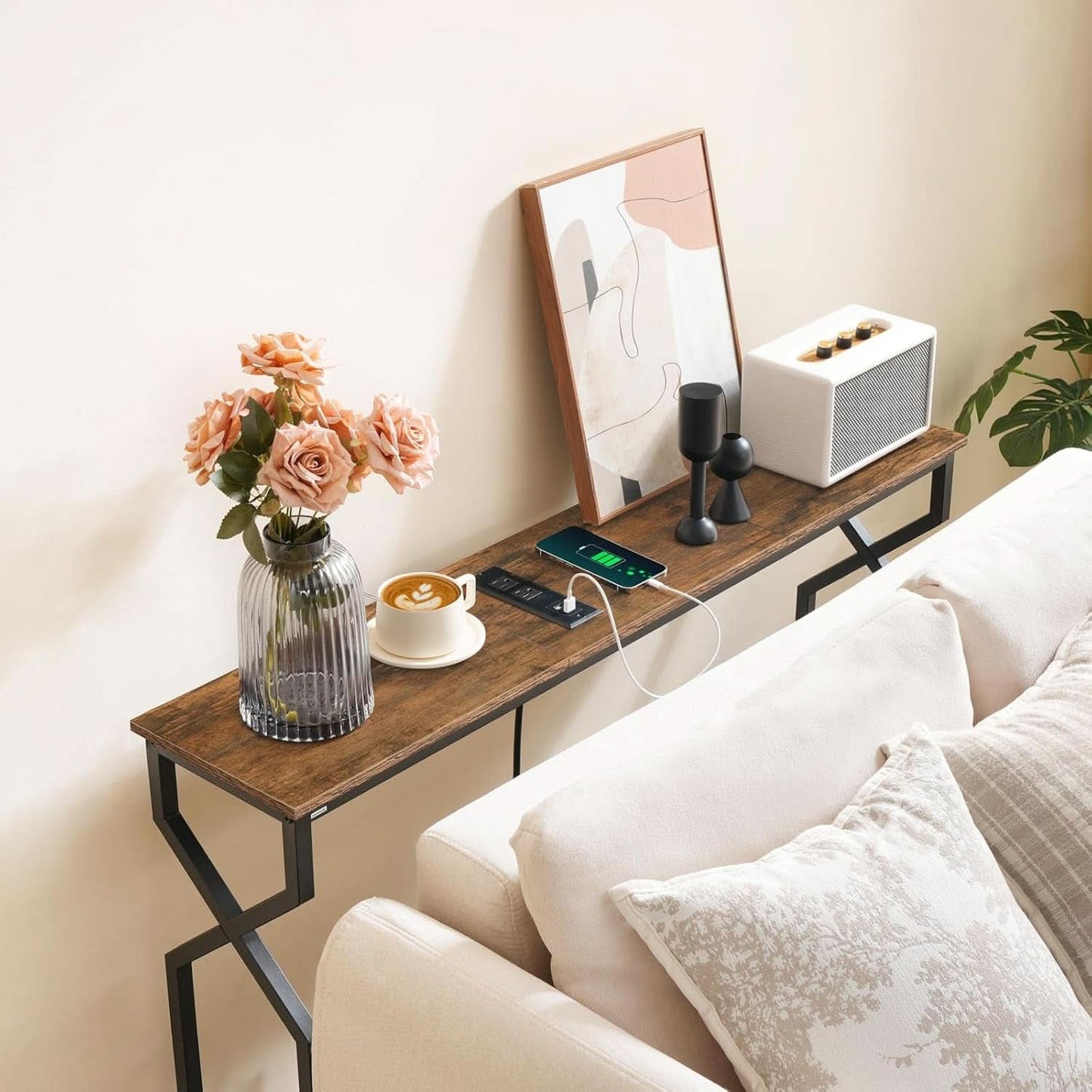 Sofa Console Table Integrated Charging Station Brown