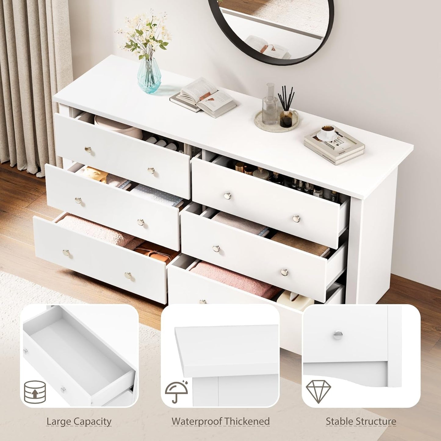 White 58 Inch Contemporary Wooden Dresser Organizer