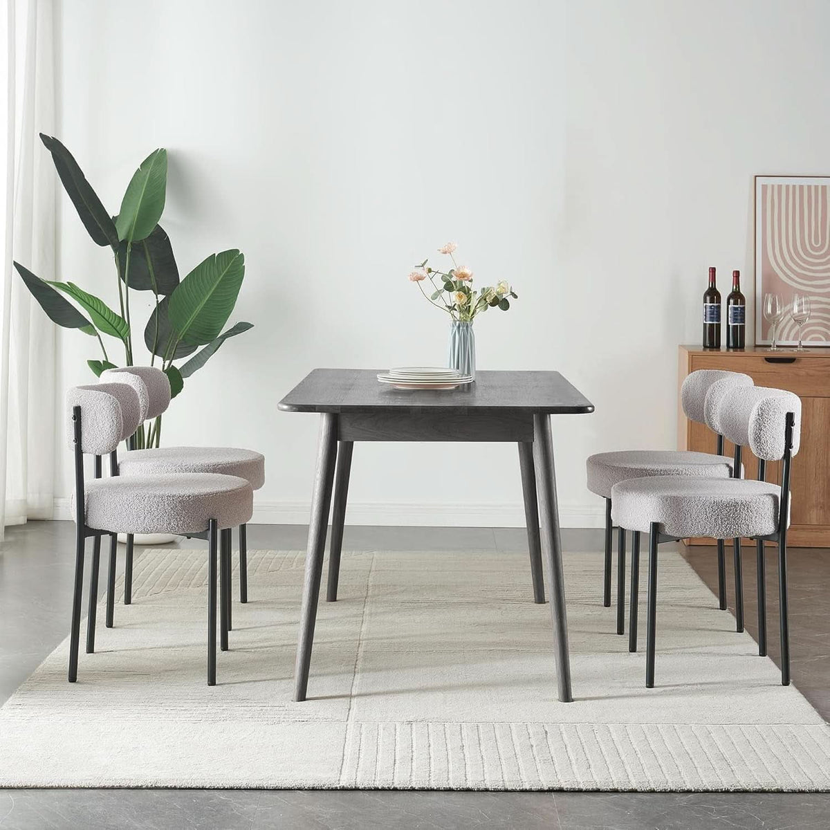 Round Upholstered Boucle Dining Chair Grey With Black Legs