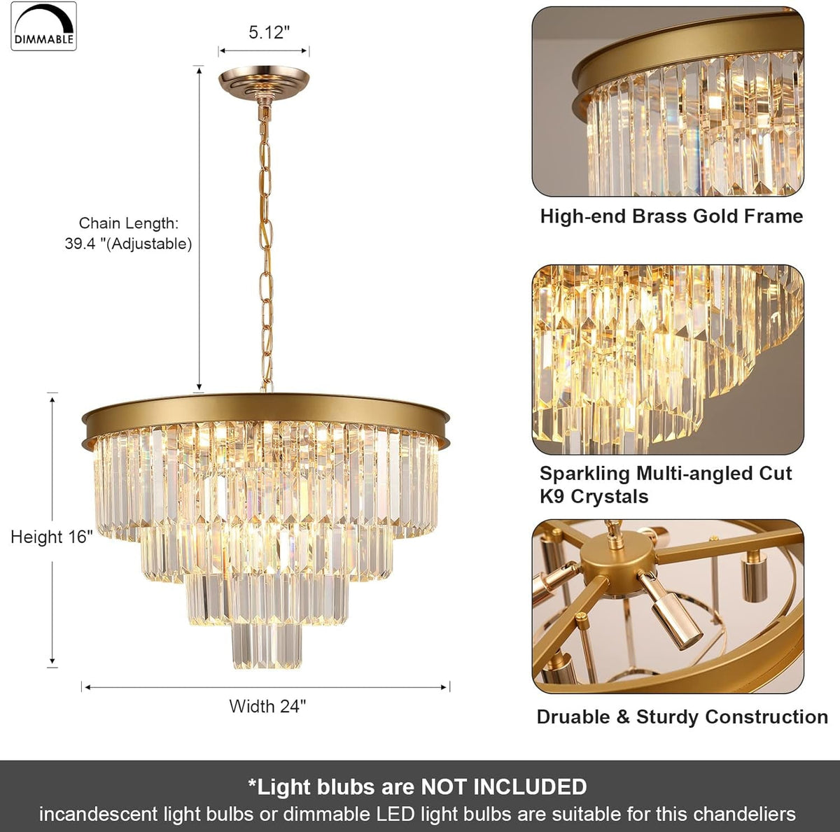 Gold Crystal Chandelier 24 Inch 12 Lights Ceiling Fixture