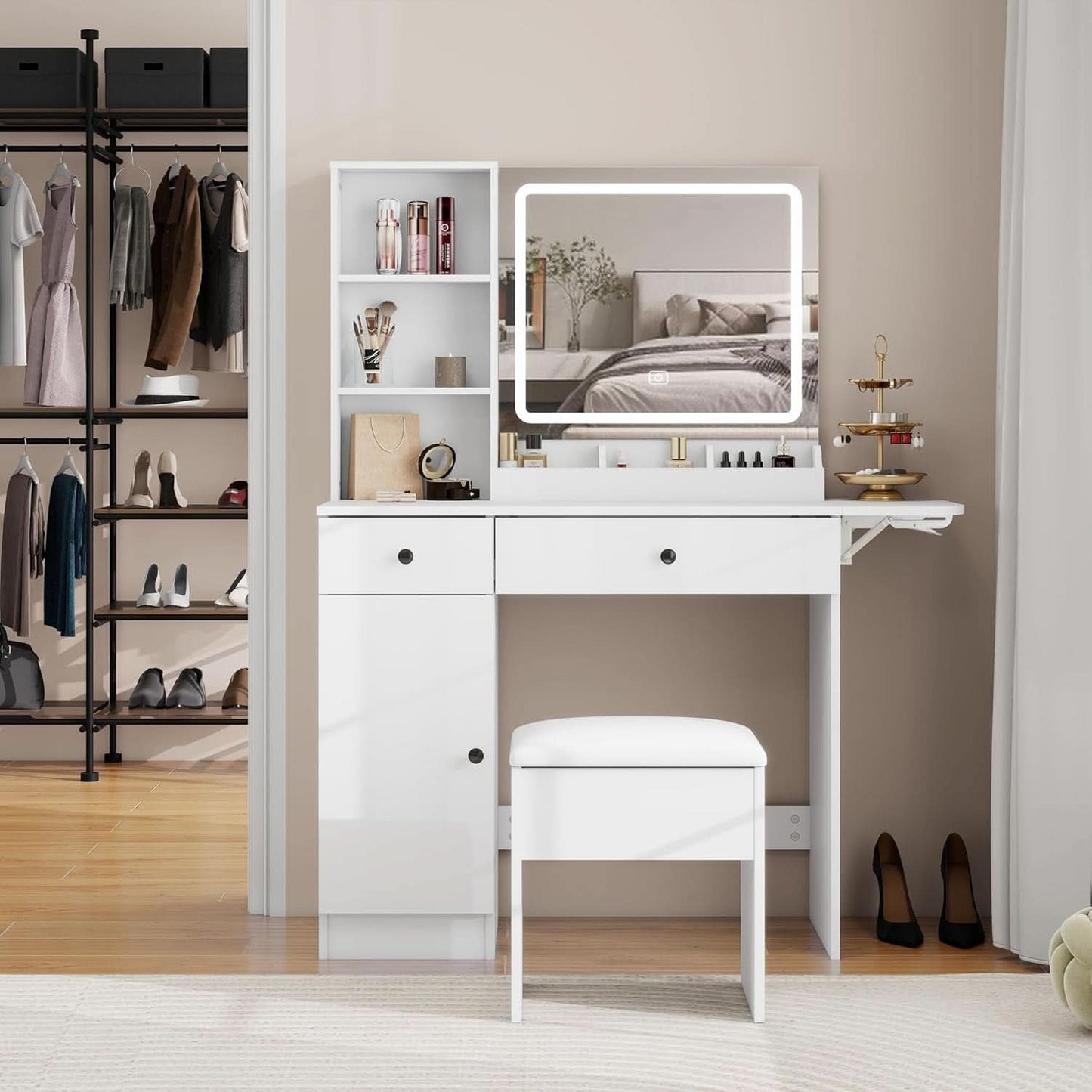 Vanity Desk Set White With Illuminated Mirror With LED