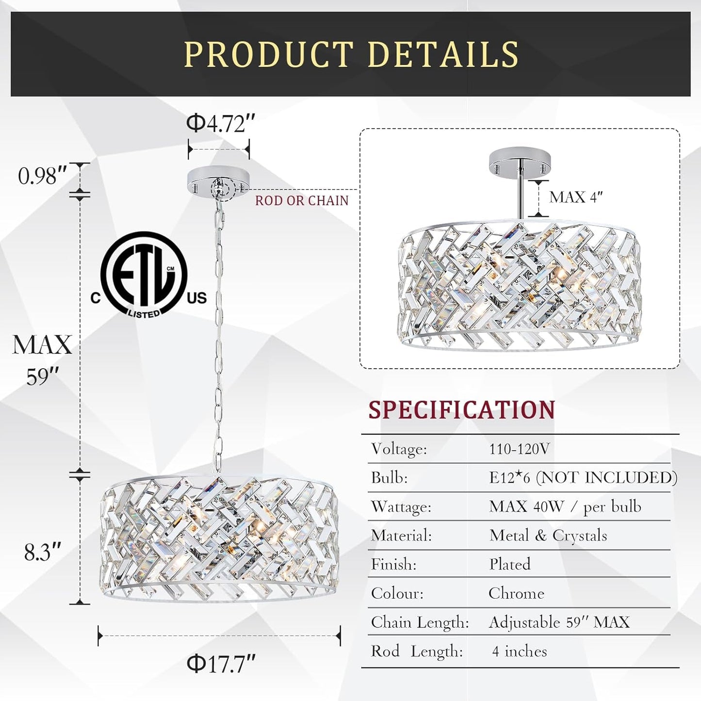 Chrome Crystal Chandelier Ceiling Mount Fixture Light