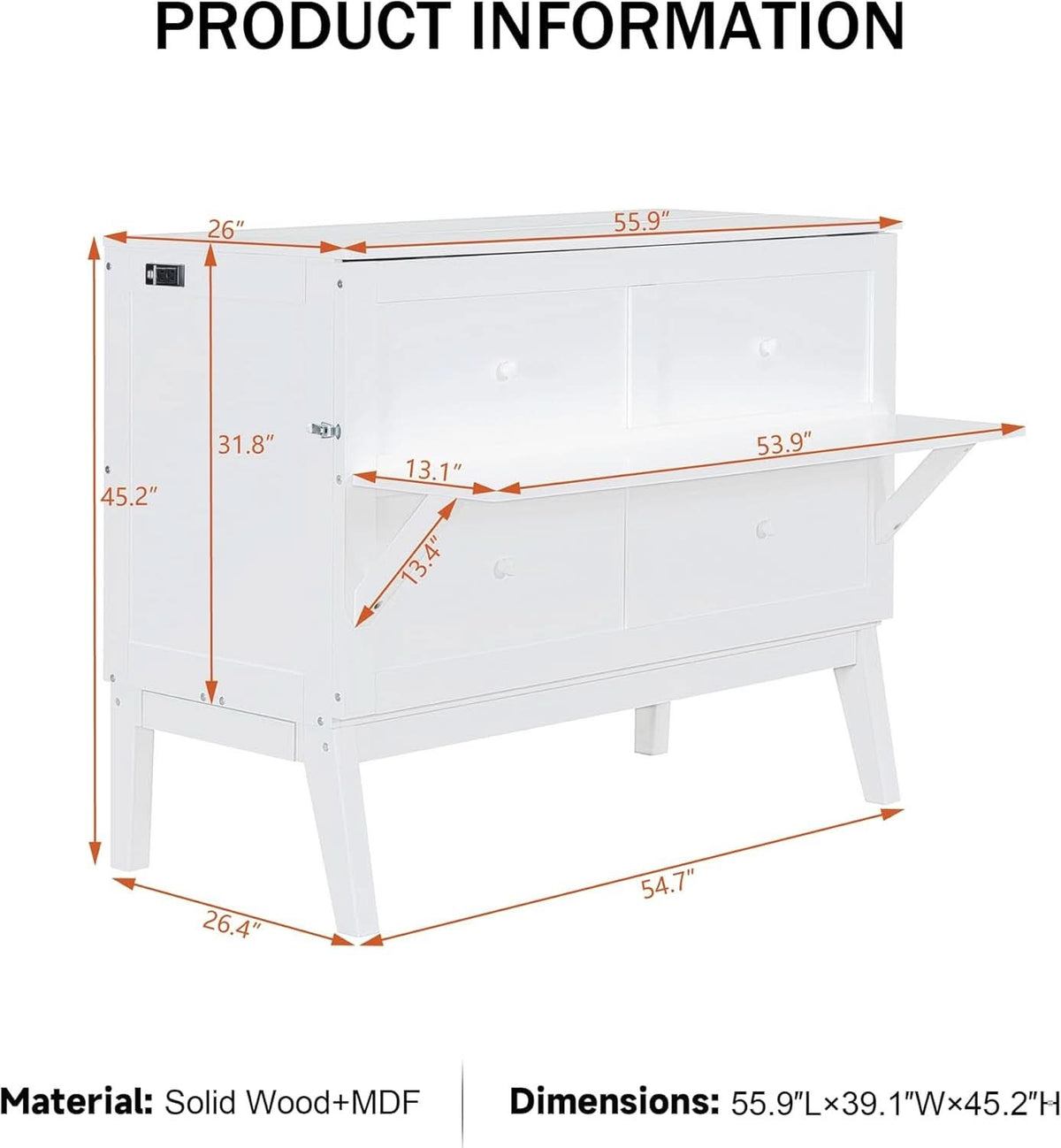 White Murphy Bed With Integrated USB Port-3