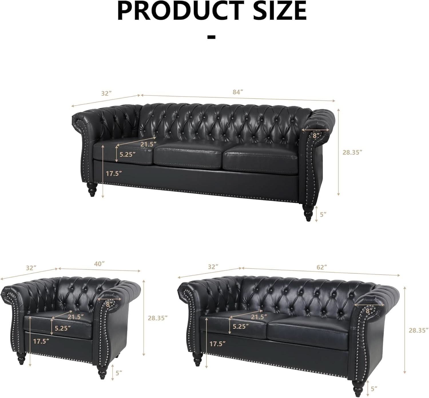 Three Piece Living Room Furniture Set With Faux Leather Chesterfield Sofa Club Chair And Loveseat In Black-1