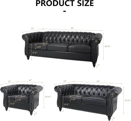 Three Piece Living Room Furniture Set With Faux Leather Chesterfield Sofa Club Chair And Loveseat In Black-1