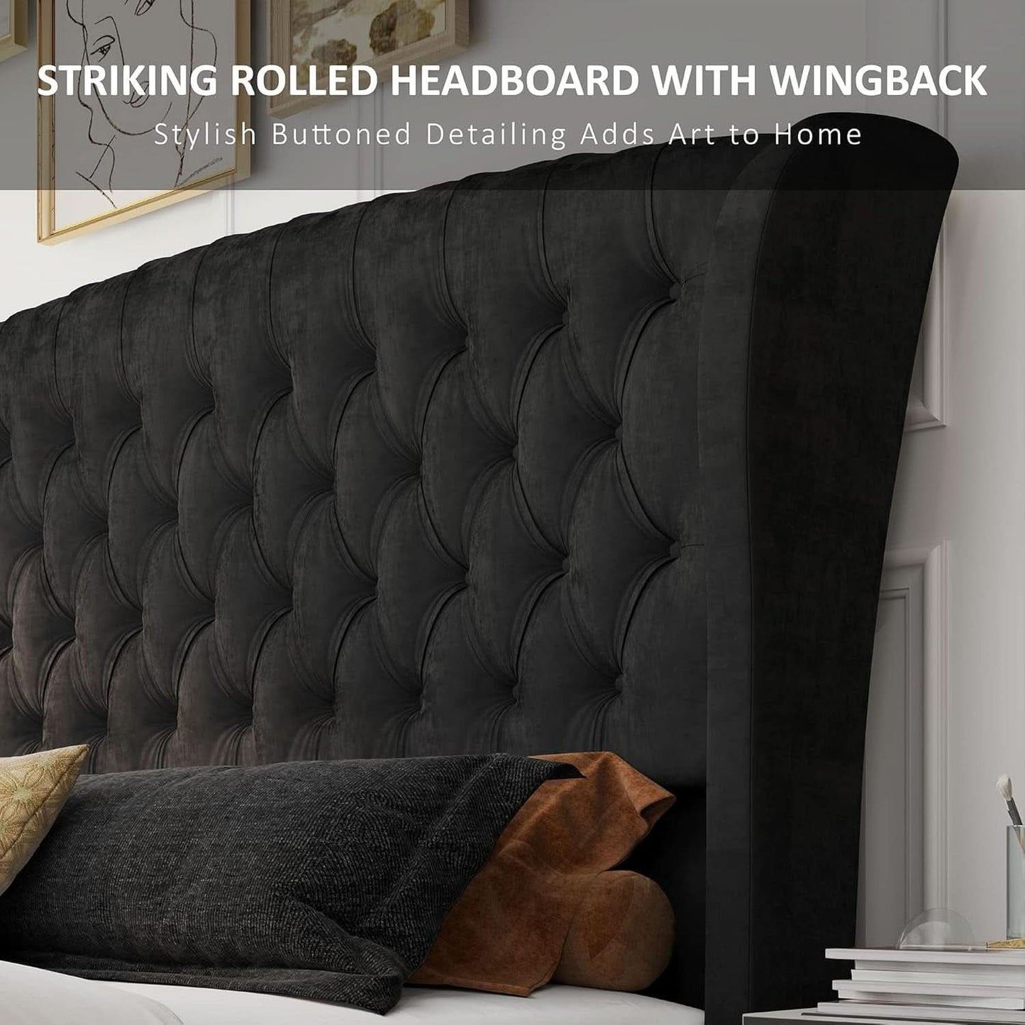 Queen Velvety Platform Bed Frame Black Upholstered