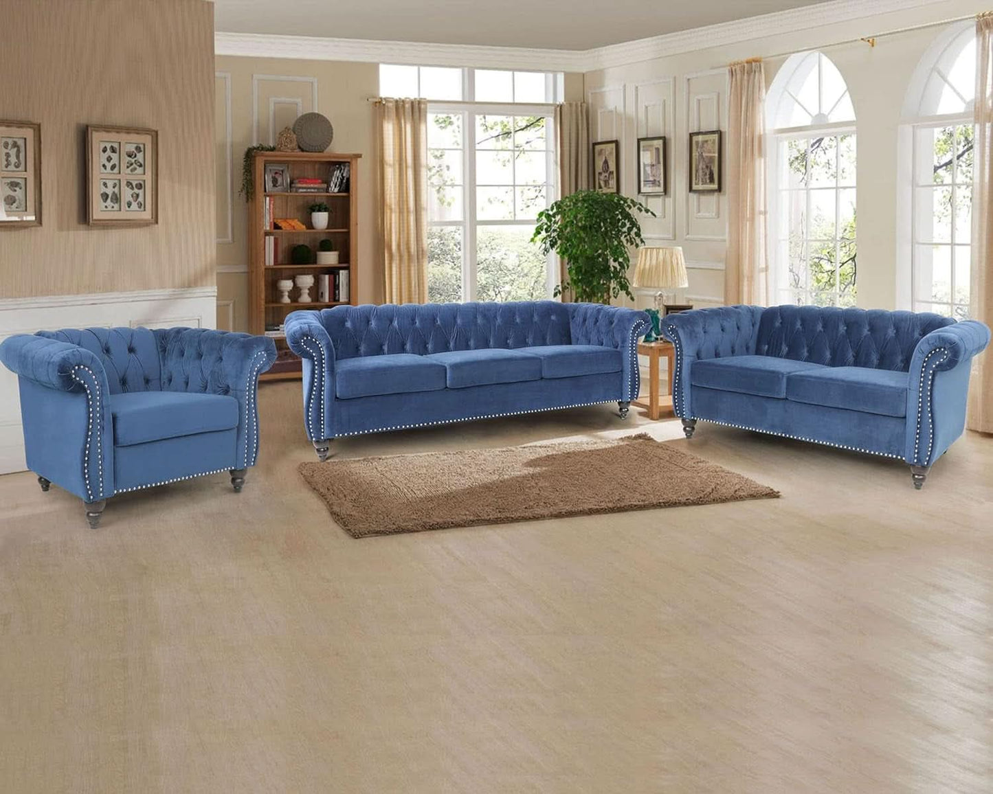 Three Piece Blue Velvet Chesterfield Sofa Set With Club Chair And Loveseat For Living Room-2
