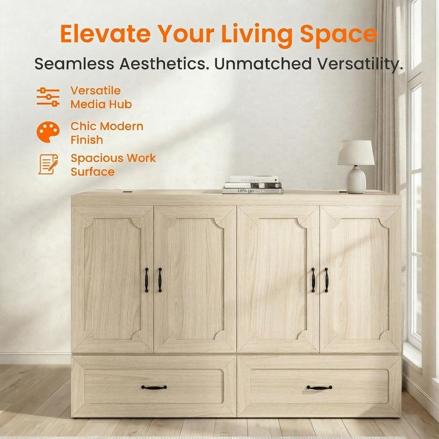 Queen Murphy Bed With Mattress Natural Wood Storage