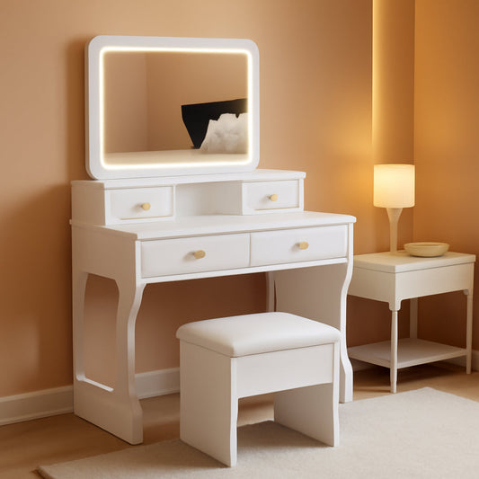White Vanity Desk Featuring Multifunctional LED Mirror
