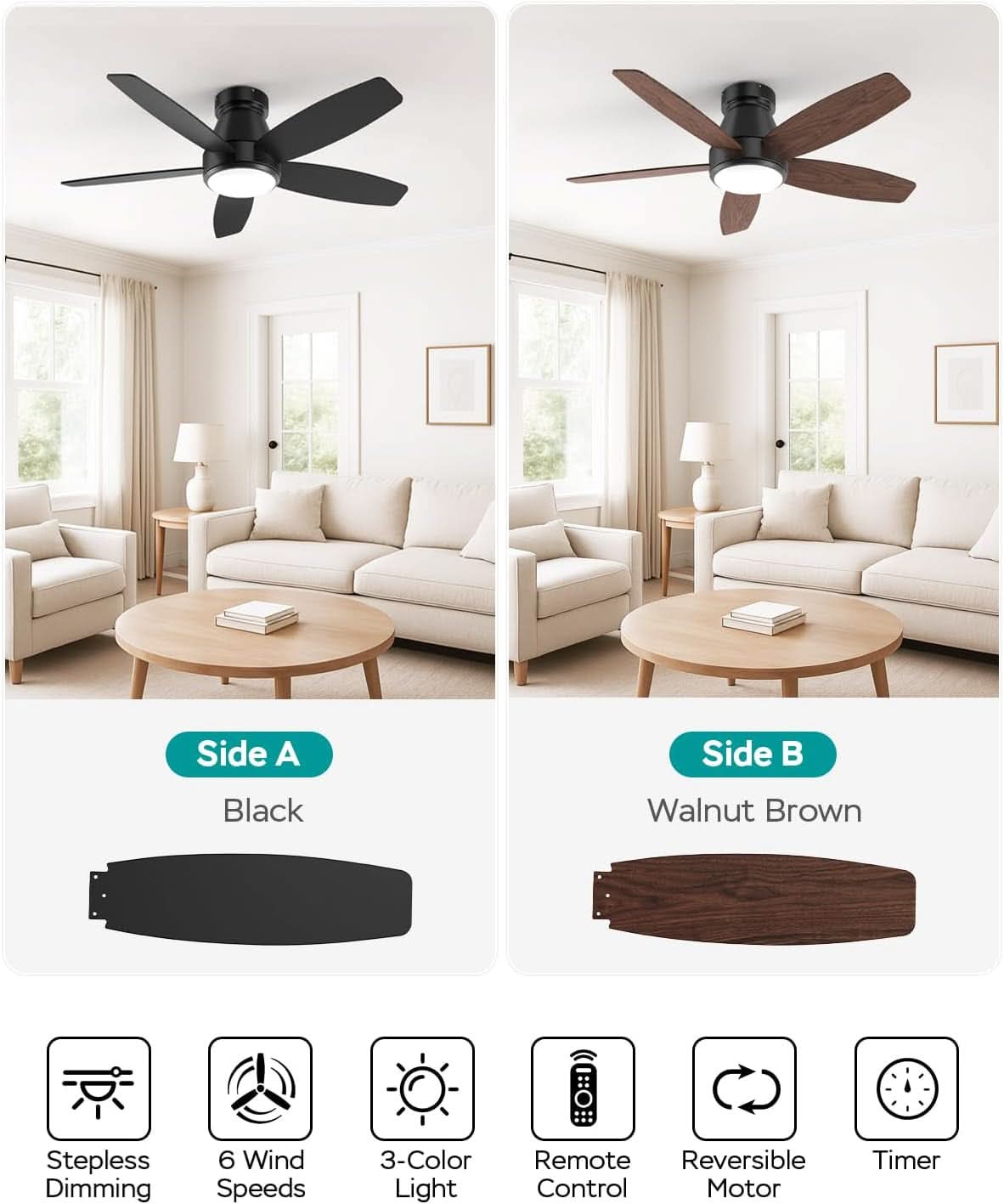 42Inch Ceiling Fan With Lights SteplessDimmable Black