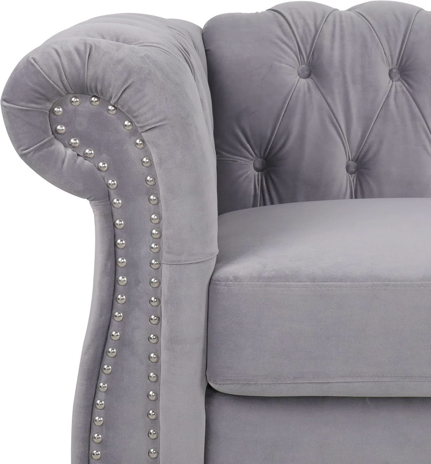 Three Piece Living Room Sofa Set Grey Velvet Chesterfield Sofa Club Chair Loveseat Nailhead Trim-3