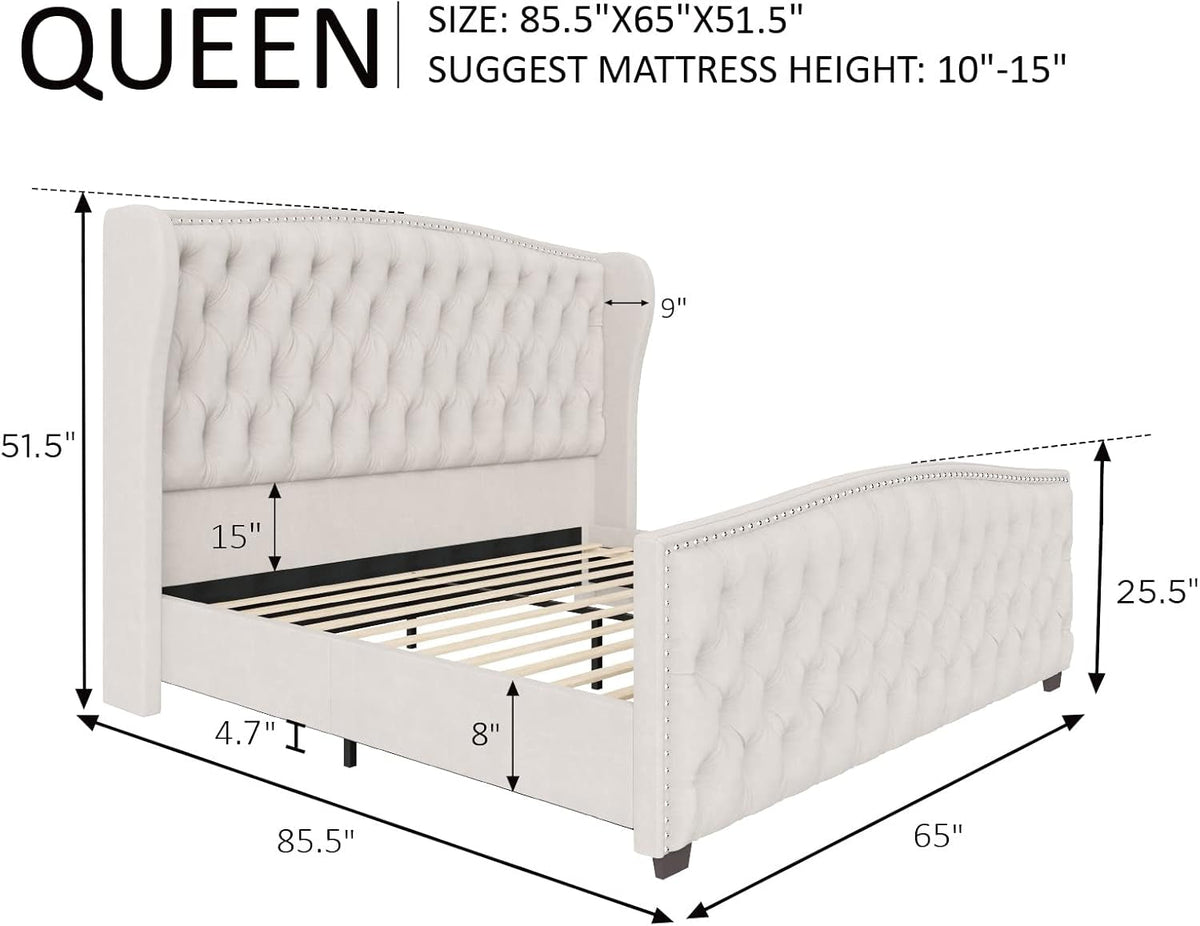 Queen Cream Velvet Upholstered Platform Bed Headboard