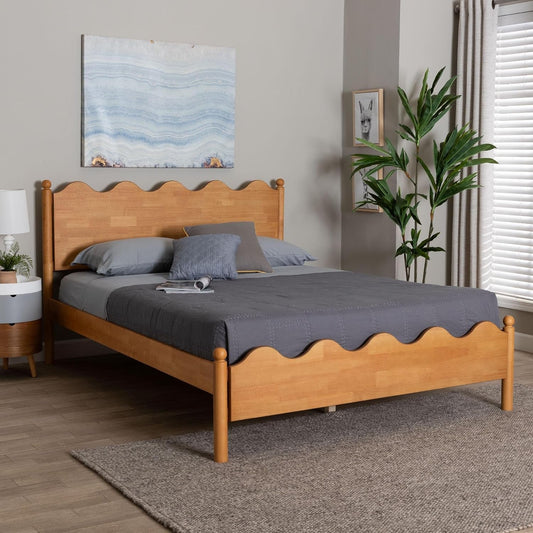 Queen Platform Bed Oak Brown Contemporary Scalloped