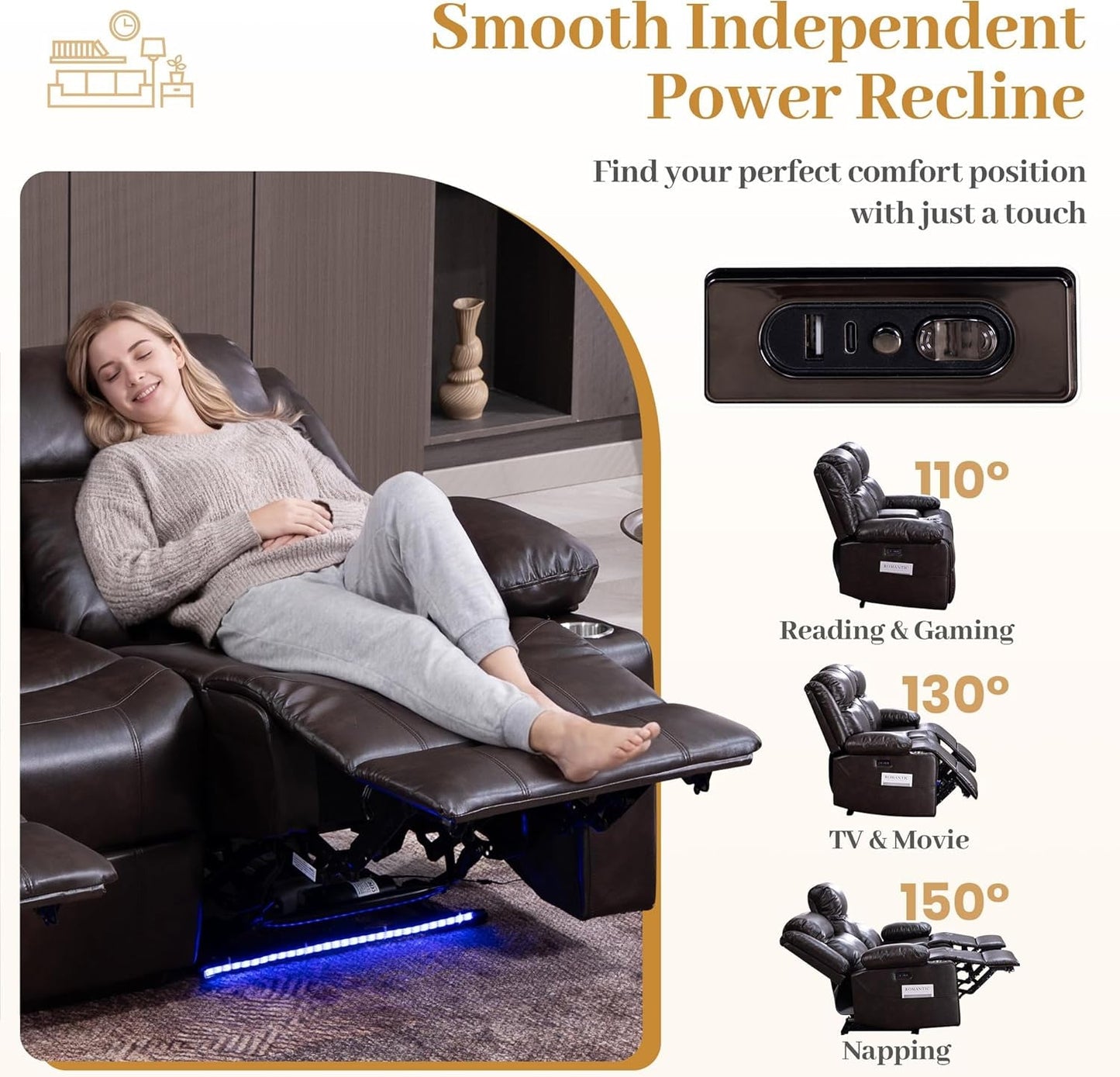 Brown Colorful LED Lighting Premium Reclining Sofa