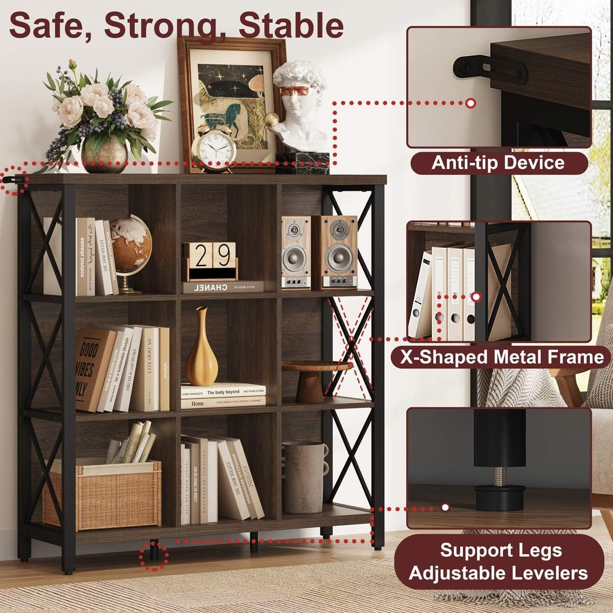 9Cube Farmhouse Bookcase Dark Walnut Wood Storage