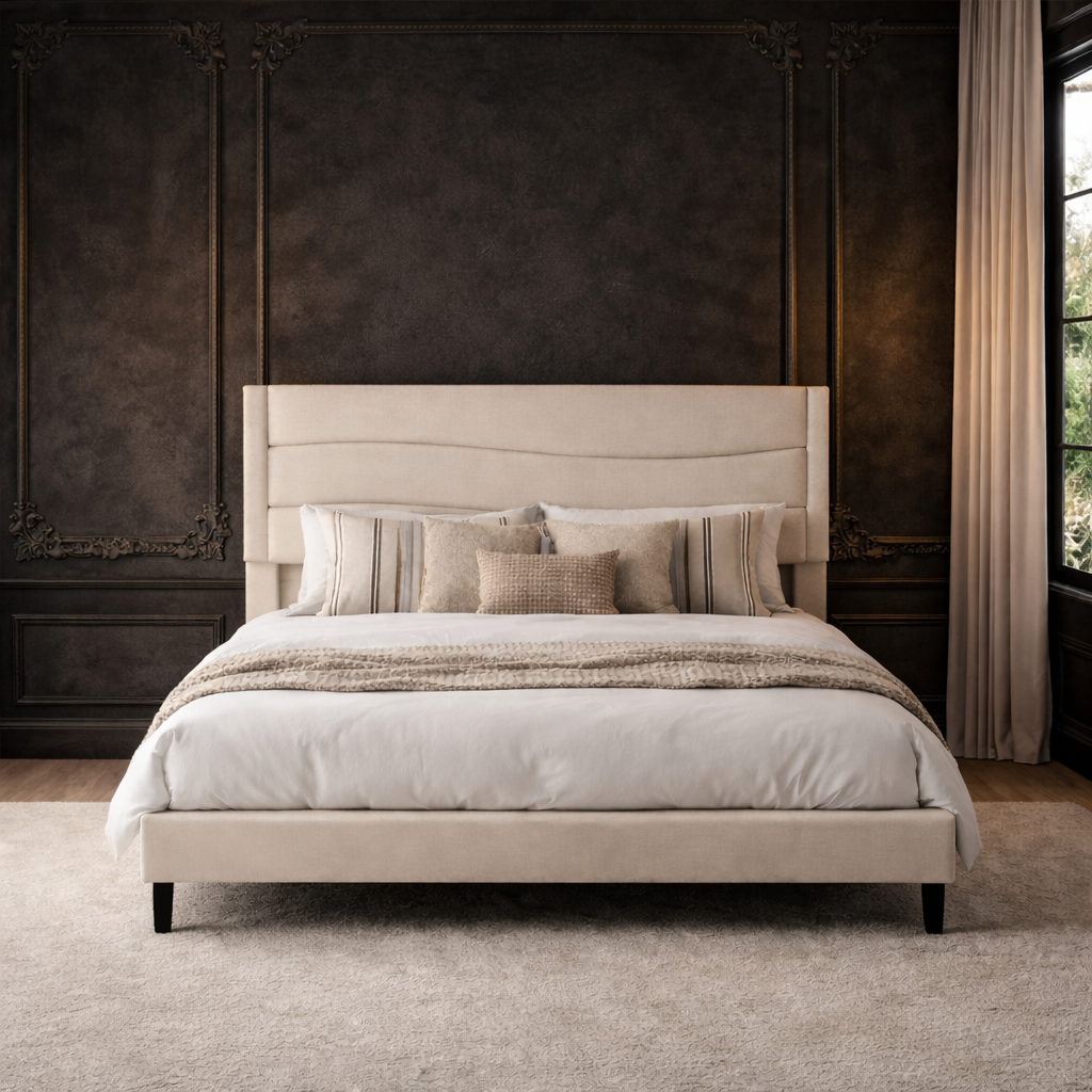 Queen Upholstered Bed Frame with Charging Station and 2 Drawer Nightstands Set Beige