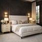 Queen Upholstered Bed Frame with Charging Station and 2 Drawer Nightstands Set Beige