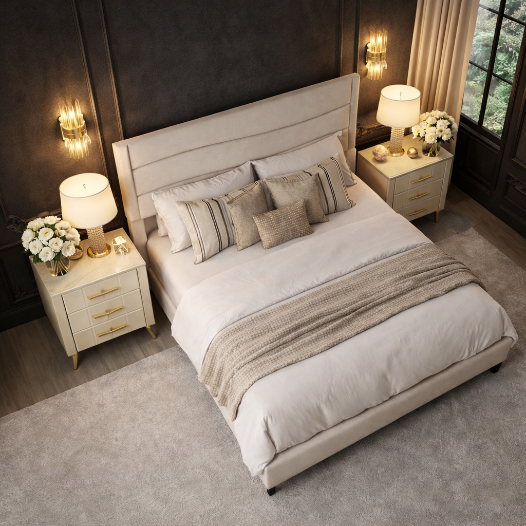 Queen Upholstered Bed Frame with Charging Station and 2 Drawer Nightstands Set Beige