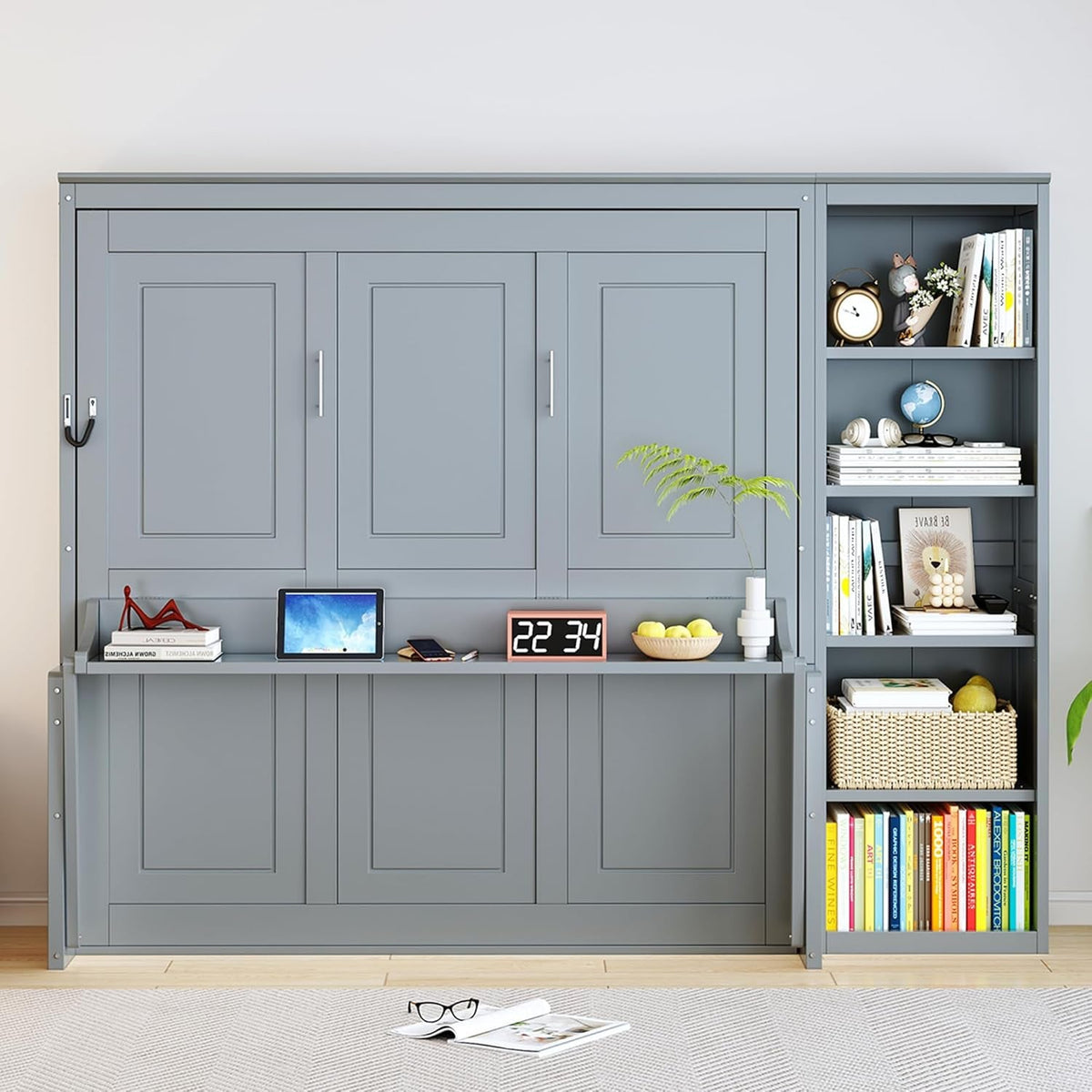 Gray Queen Murphy Desk With Industrial Storage Shelving-2