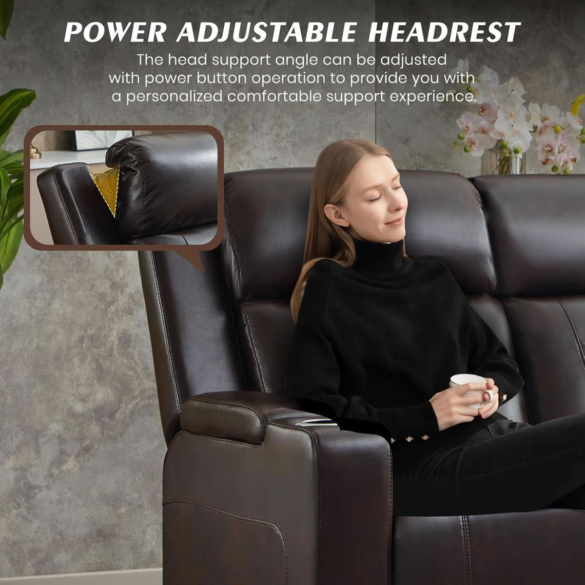 Brown Power Recliner Sofa Featuring Adjustable Headrest