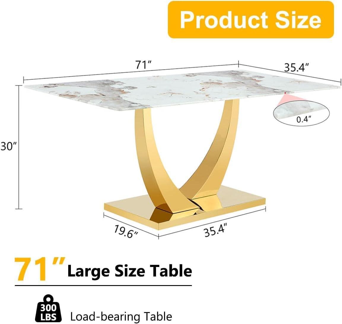 71 Inch Faux Marble Dining Table Tempered Glass Top