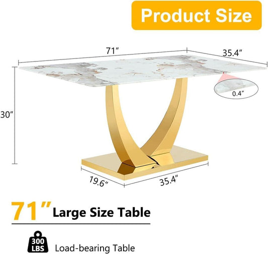 71 Inch Faux Marble Dining Table Tempered Glass Top