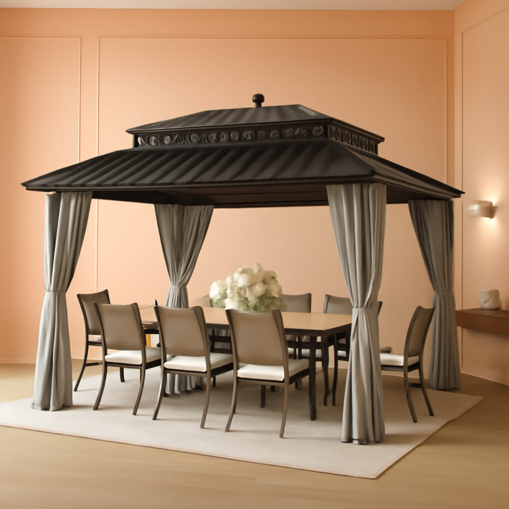 14x12 Hardtop Cedar Wood Gazebo Polycarbonate Roof Curtains Netting