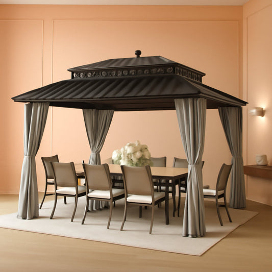14x12 Hardtop Cedar Wood Gazebo Polycarbonate Roof Curtains Netting