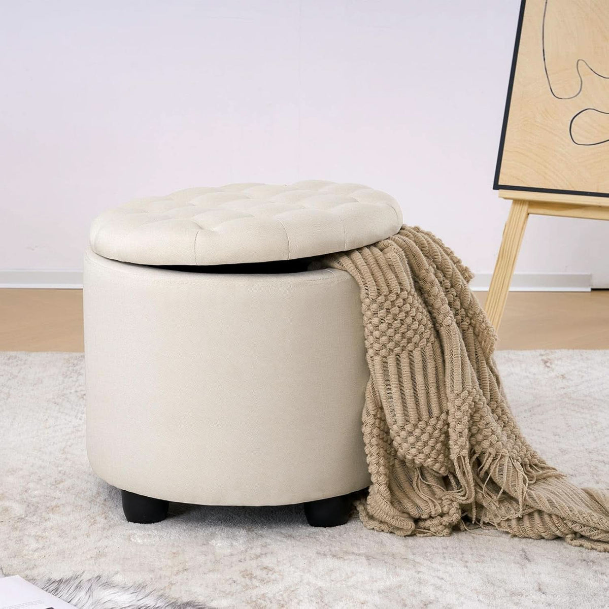Beige Round Storage Ottoman Featuring Removable Lid