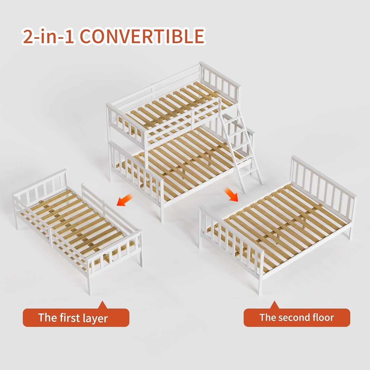Premium Convertible Twin Over Full Bunk Bed With Rails