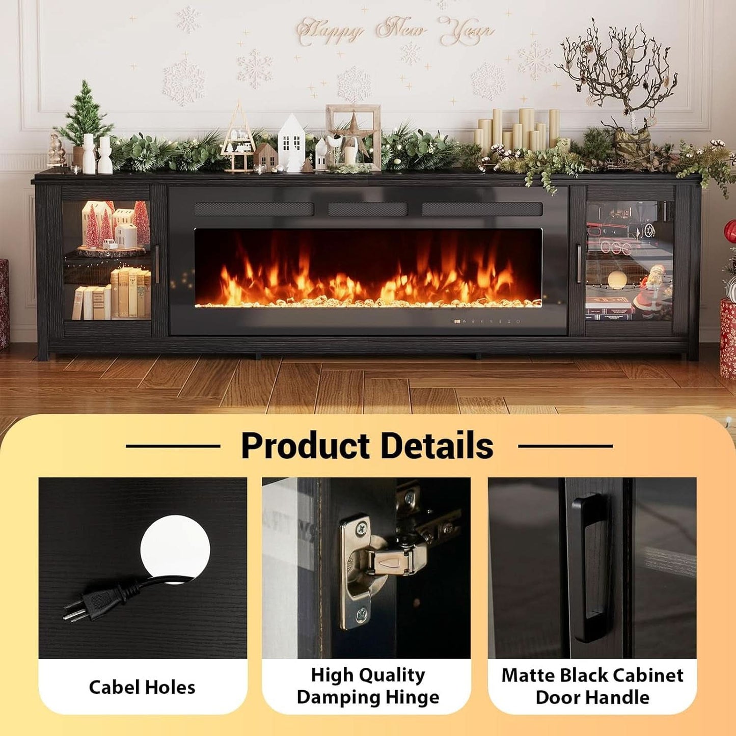 80 Inch Black Modern Fire place TV Entertainment Center