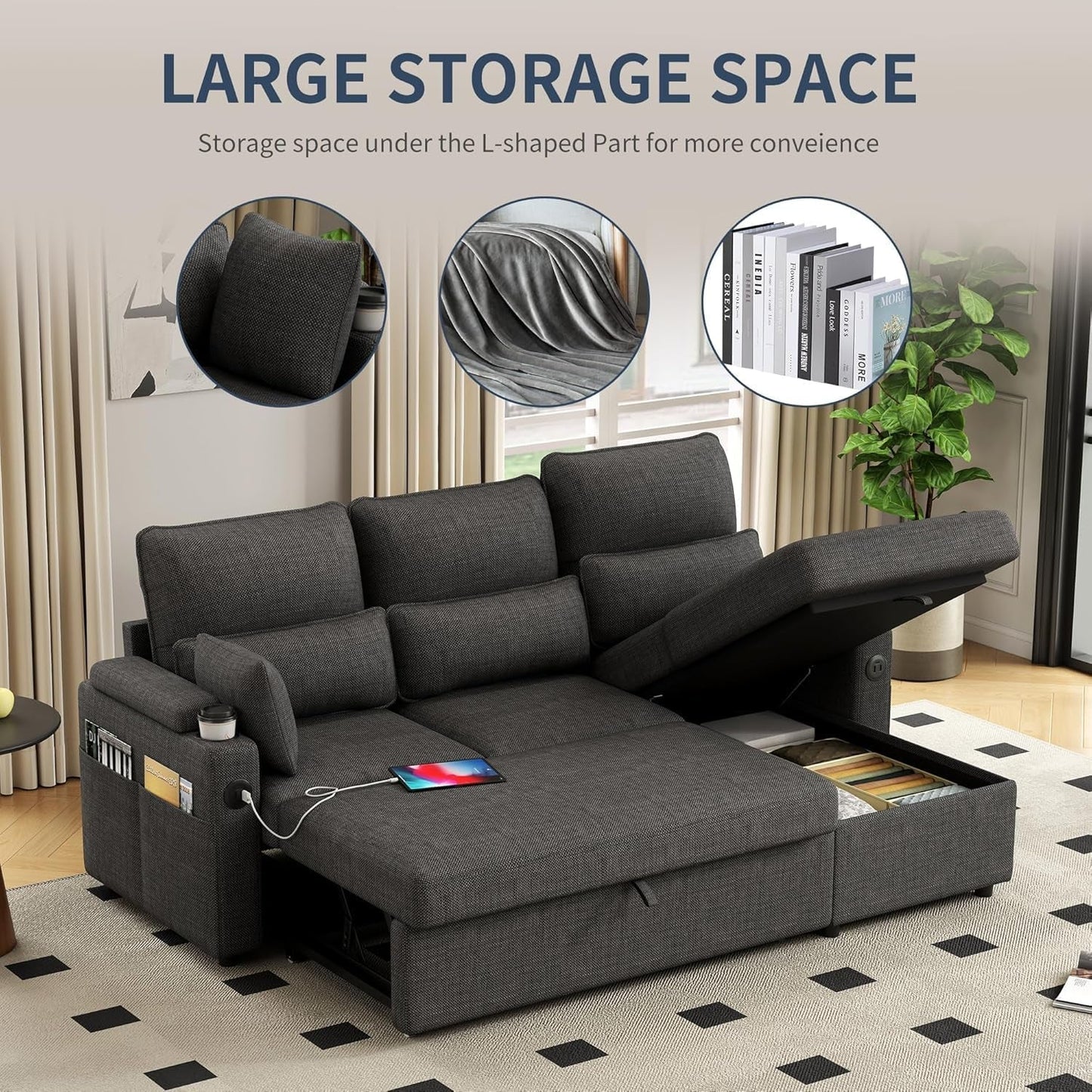 Black L Shaped Sleeper Sofa With Integrated Storage