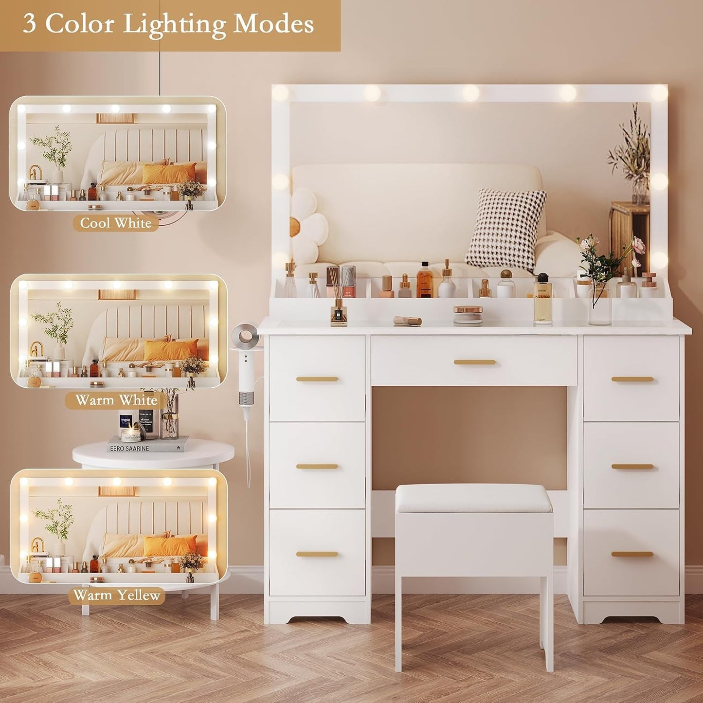 White Vanity Desk With Illuminated Mirror Lighting