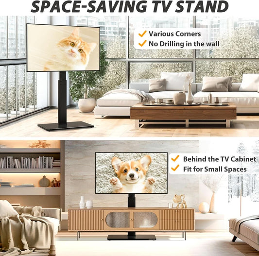 Black Floor TV Stand Tempered Glass Height Adjustable