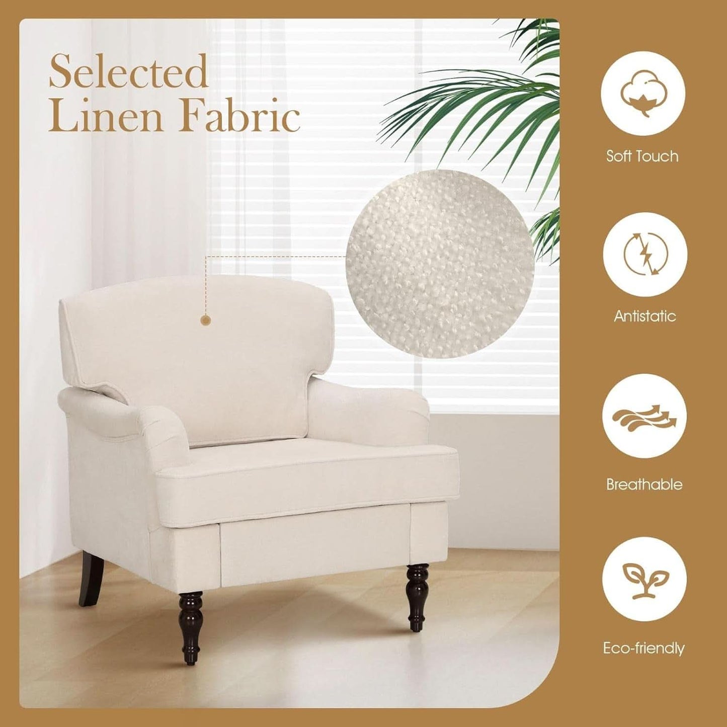 Three Piece Living Room Furniture Set With Linen Fabric Loveseat And Two Accent Chairs Off White-4