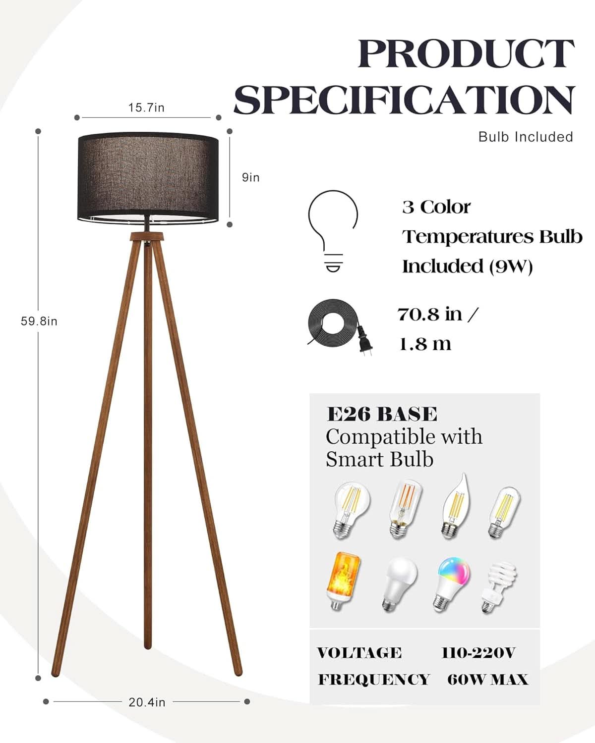 Walnut Wood Tripod Floor Lamp Color Temperature LED-4