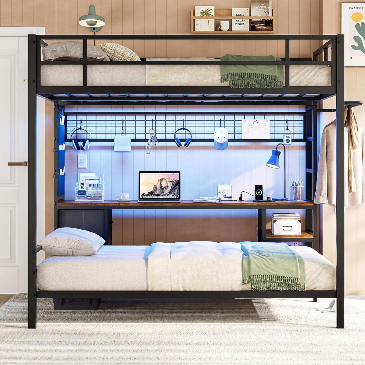 Black Full Over Twin Metal Bunk Bed With Desk LED Lights