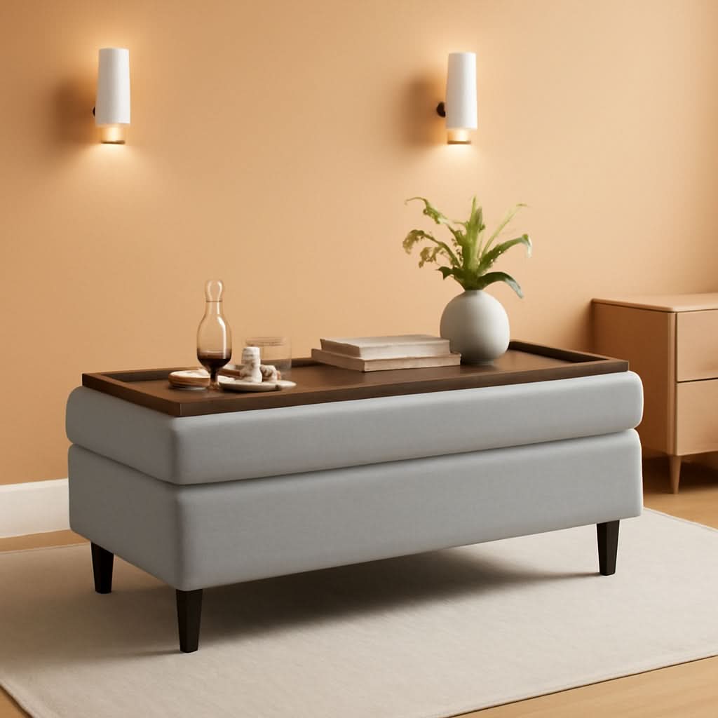 FortySixInch Grey Storage Ottoman Bench Upholstered Linen