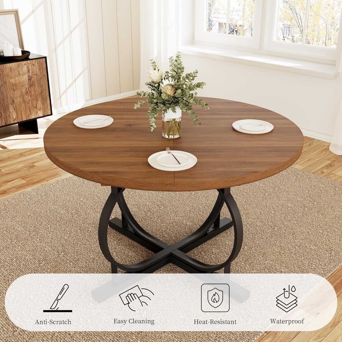 Extendable Round Dining Table Walnut Finish Modern