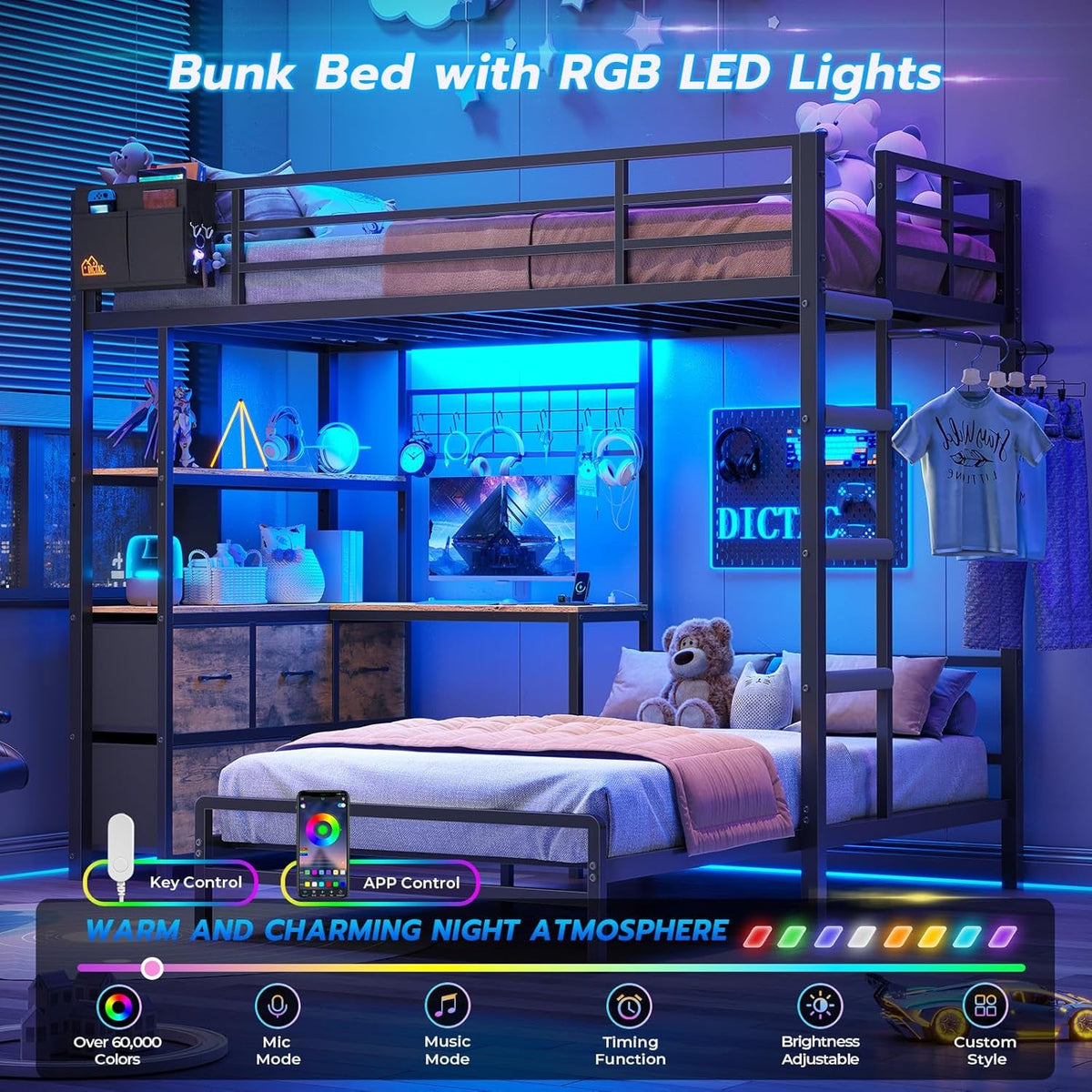 Black ExtraLongXL Over Twin Bunk Bed With LEDLightingStorage
